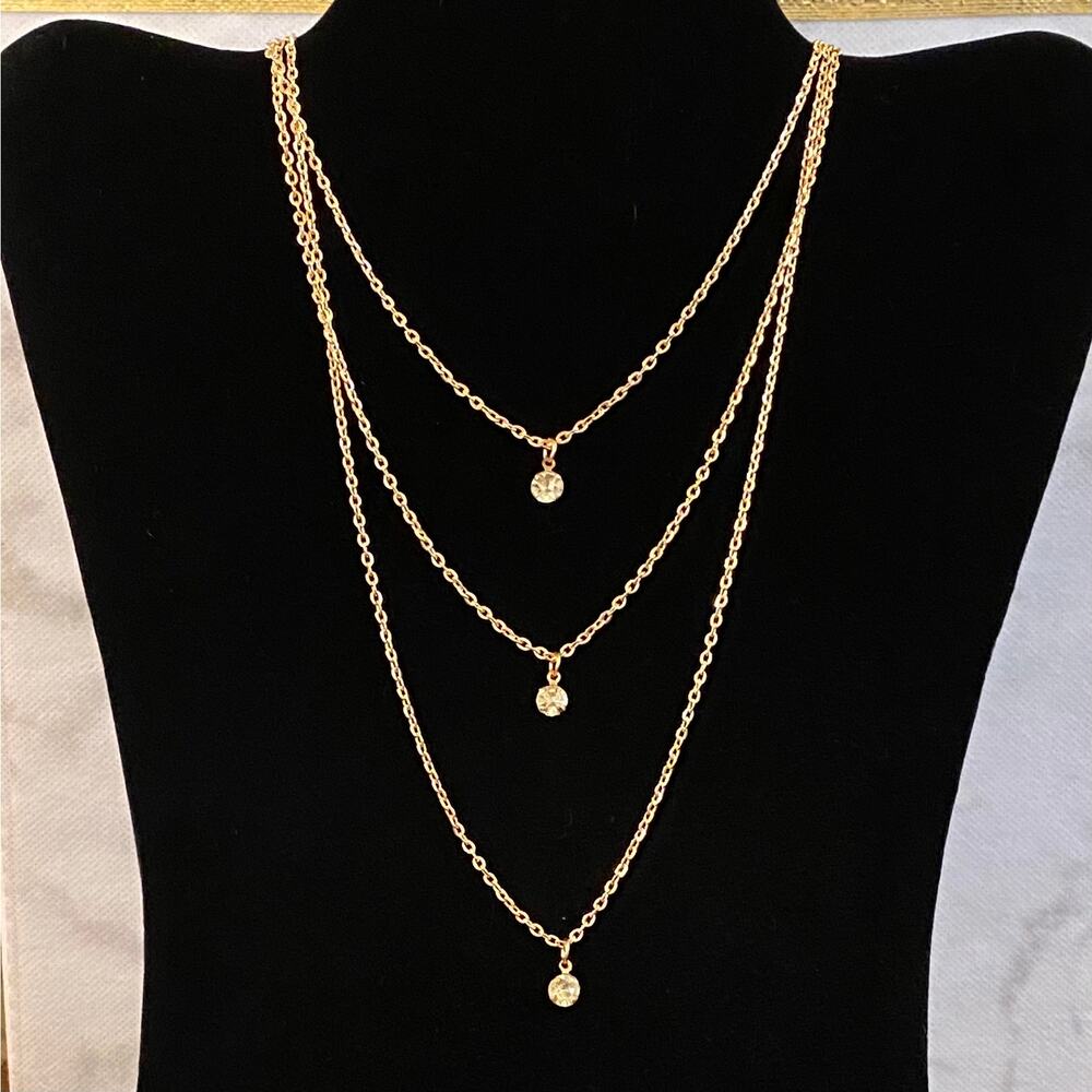 Tri Layer Crystal Gold Necklace 24"